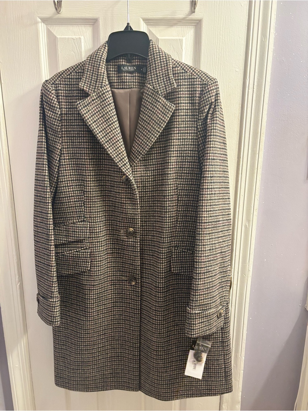 Ralph Lauren Brown Houndstooth Single-Breasted Pea Coat